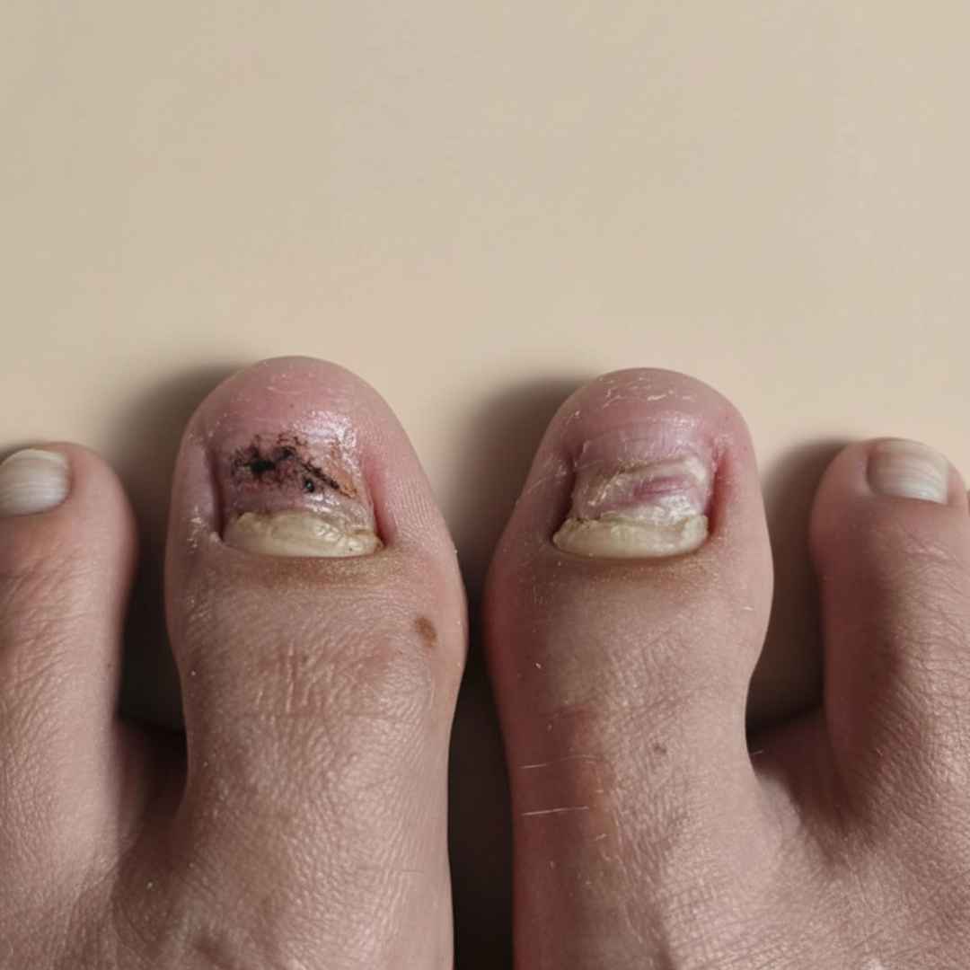 Dwie stopy z widocznymi ciemnymi krwiakami podpaznokciowymi na obu dużych palcach